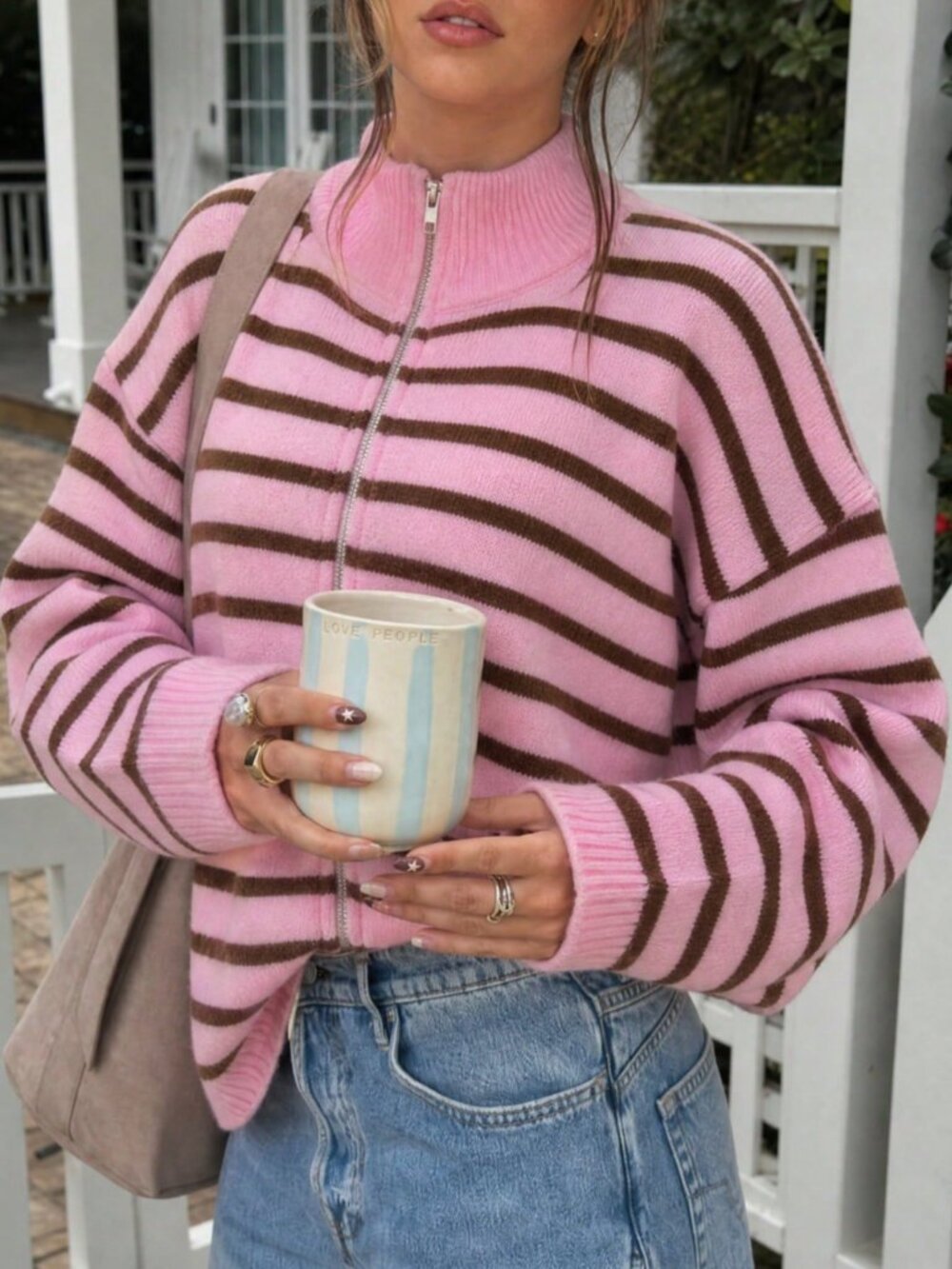 Multicolor Casual Women's Striped Zip-Up Knit Cardigan